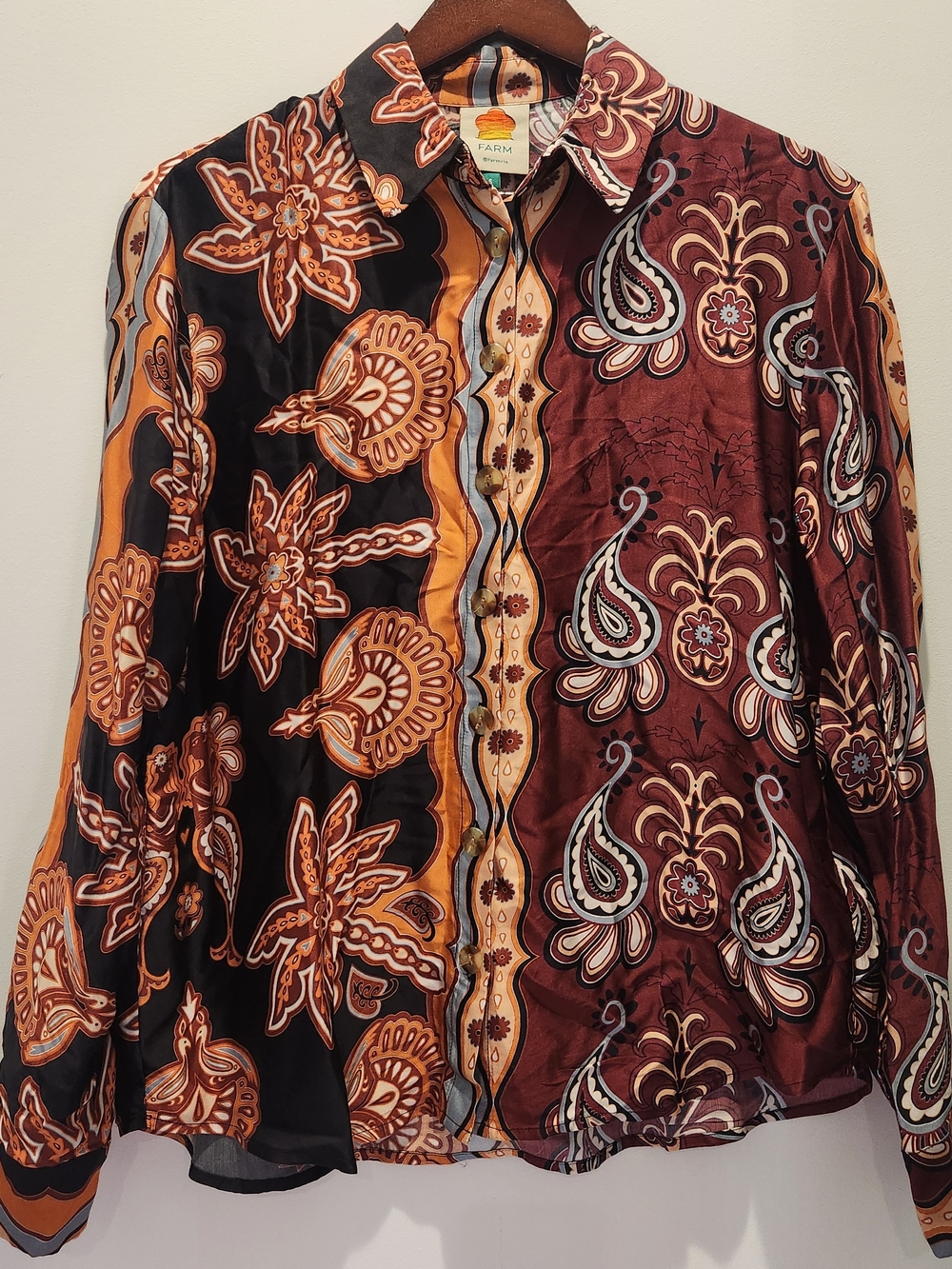 Farm Rio Paisley Floral Button-Up Shirt - Burgundy & Black Small
